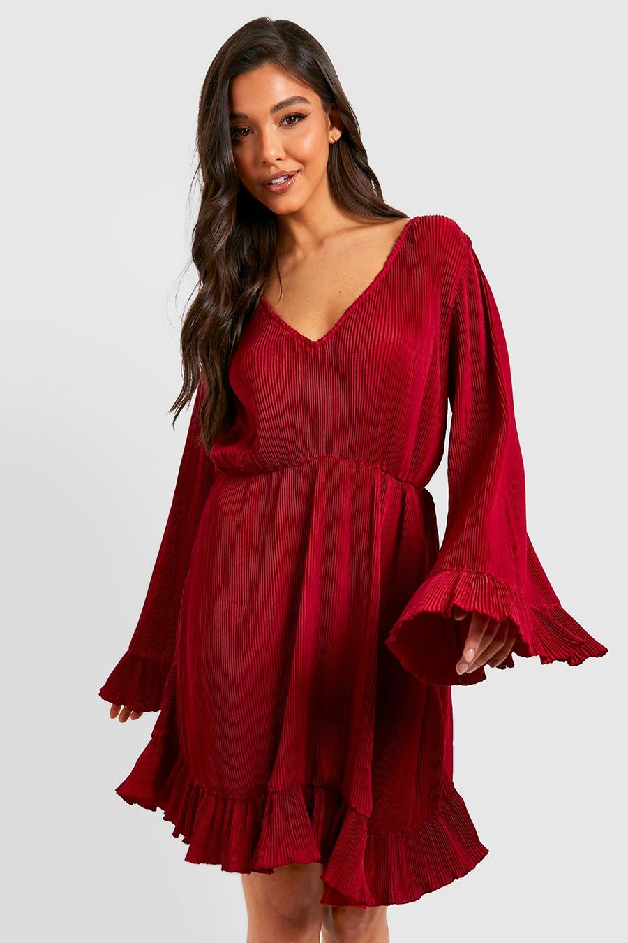 Berry red Pleated V Neck Smock Dress