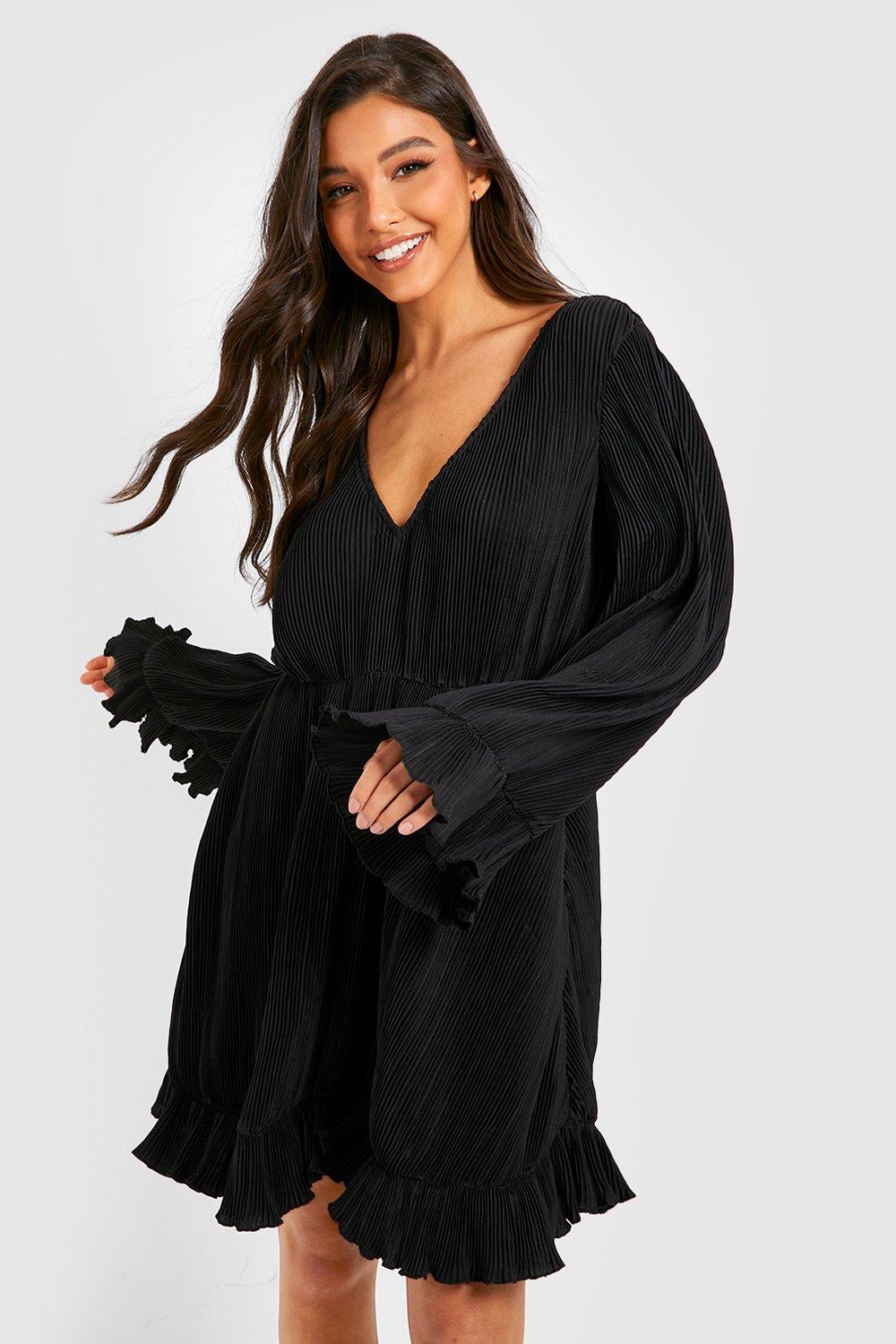 Black pleated 2025 layered smock dress