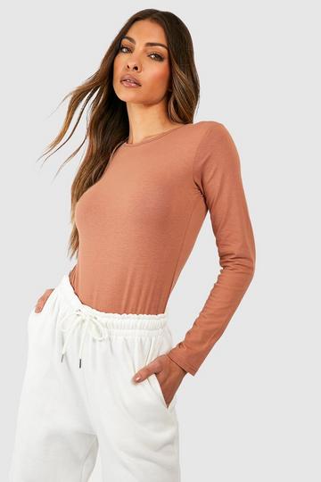 Basic Long Sleeve Cotton Mix Crew Neck Bodysuit mocha