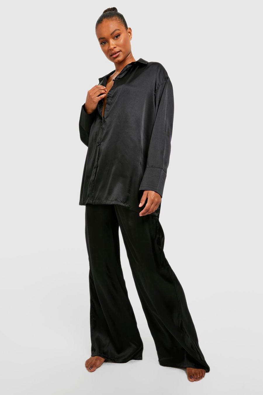 Black Tall Oversized Satin Shirt and Trouser PJ Set  image number 1