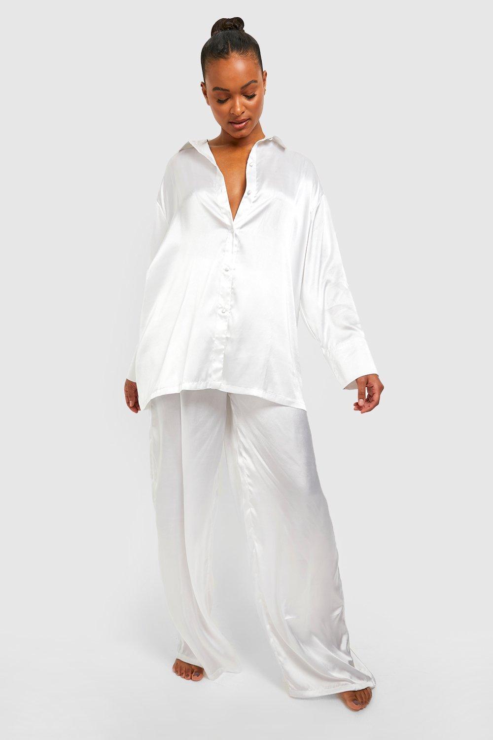 Tall Oversized Satin Shirt And Pants Pj Set