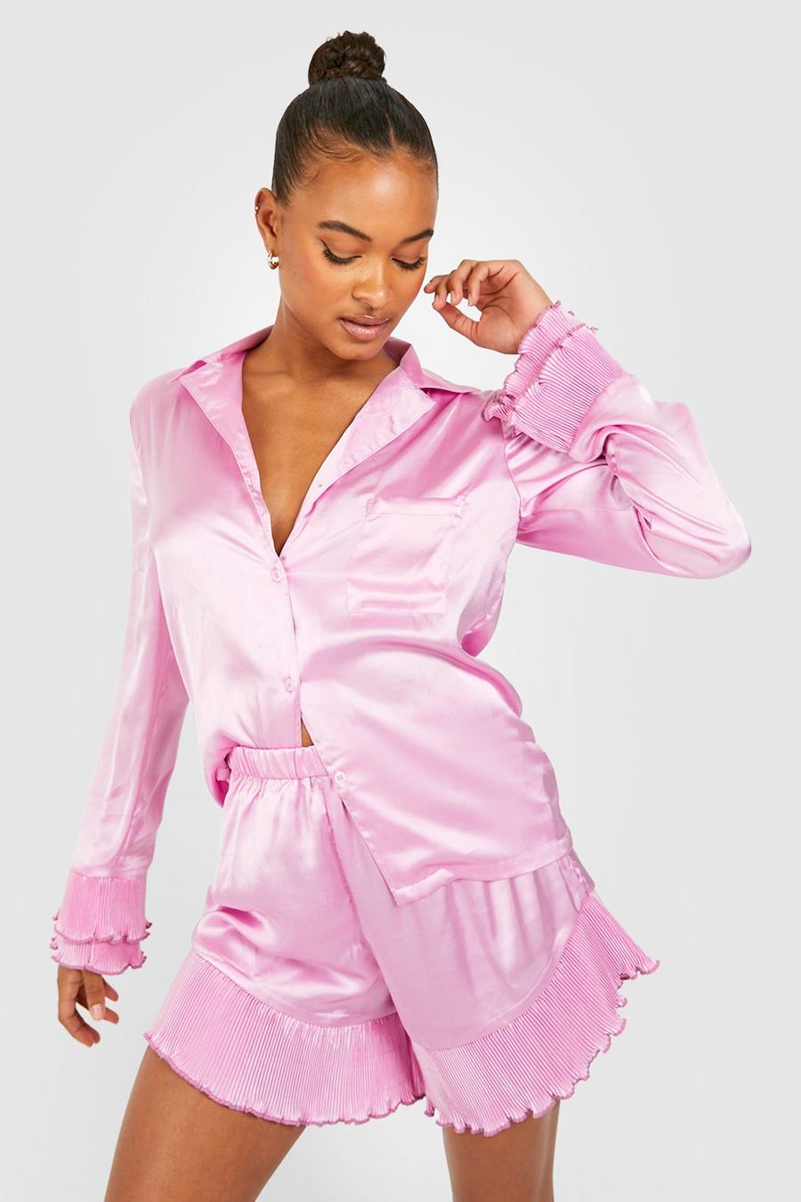 Lilac Tall Pyjamasskjorta & Pyjamasshorts med plisserade volanger image number 1