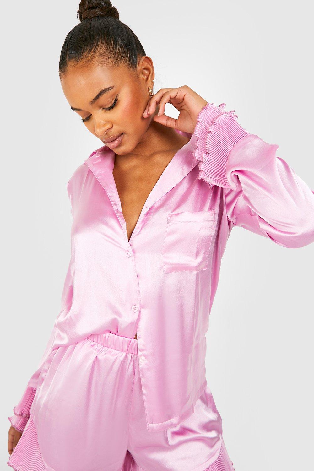 Tall Pleated Frill Satin Shirt & Short Pj Set