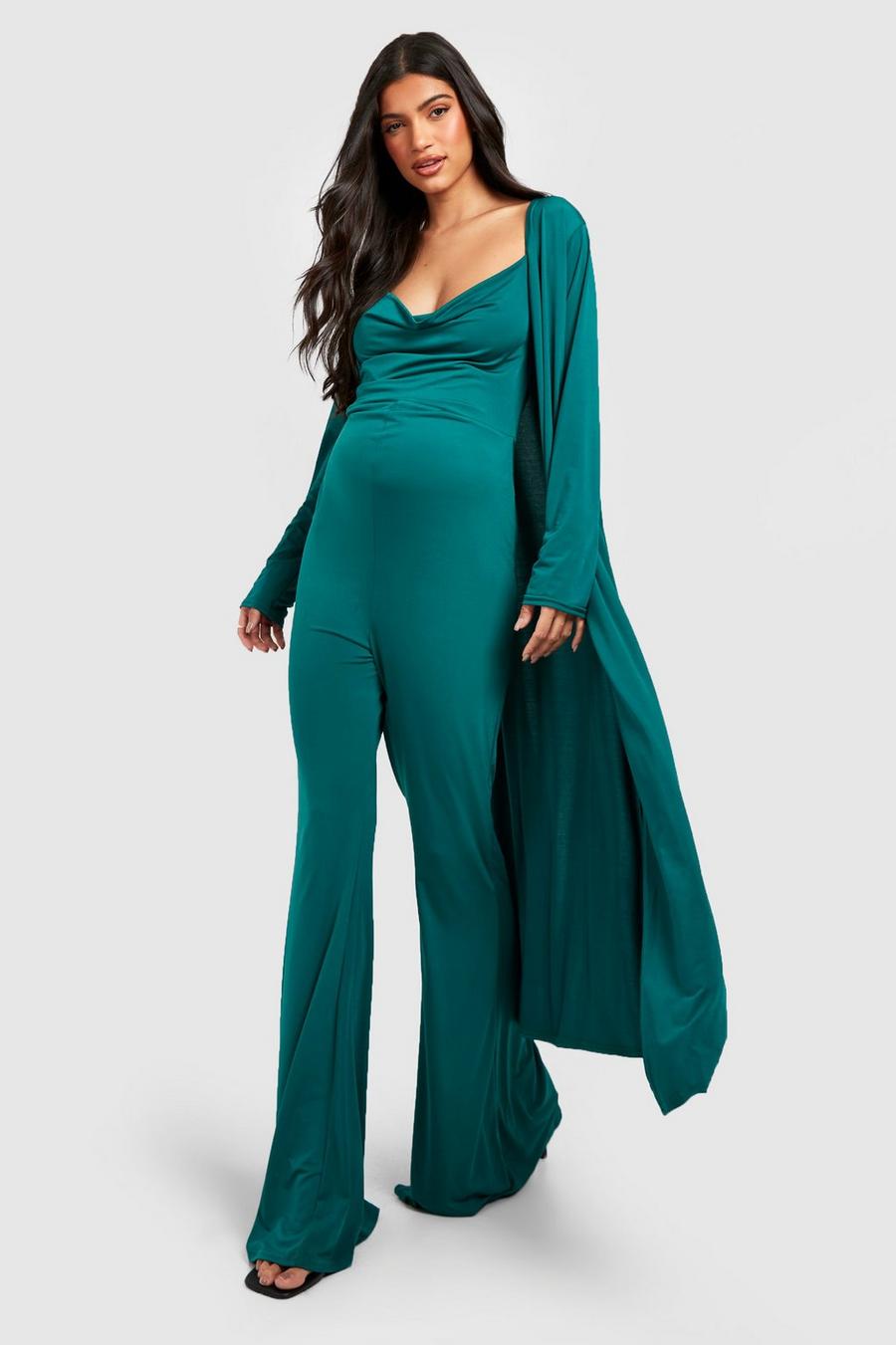 Dark green grön Maternity Strappy Cowl Jumpsuit And Duster image number 1
