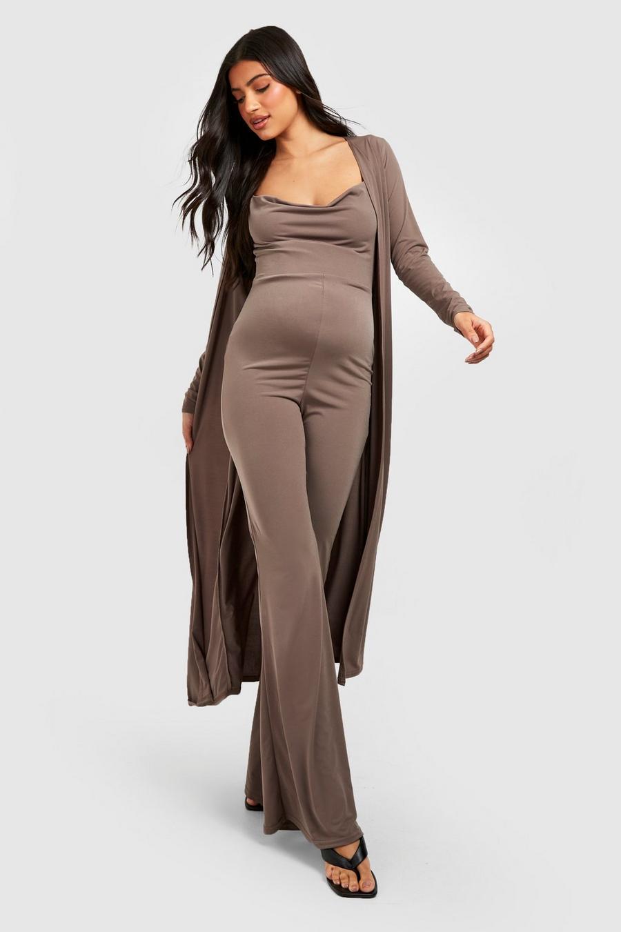 Mocha Maternity Strappy Cowl Jumpsuit And Duster image number 1