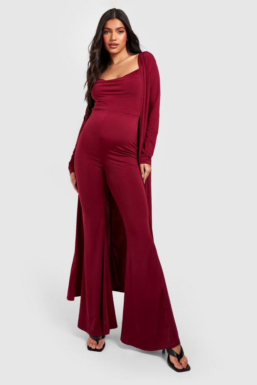 Wine rouge Maternity Strappy Cowl Jumpsuit And Duster