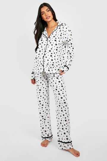 Maternity Star Print Pipe Detail Pajama Set white