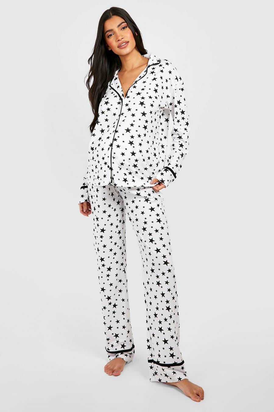 White Maternity Star Print Pipe Detail Pajama Set image number 1