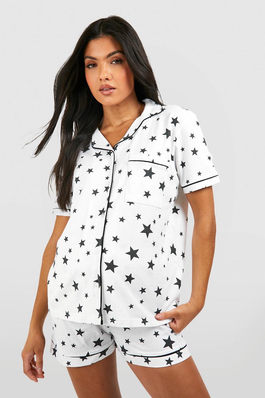 Umstandsmode Pyjama Shorts-Set mit Sternen-Print und Paspel-Detail, White image number 1