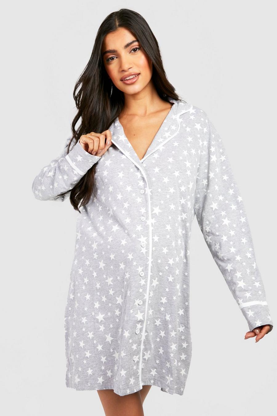 Grey Maternity Star Print Pipe Detail Nightgown image number 1