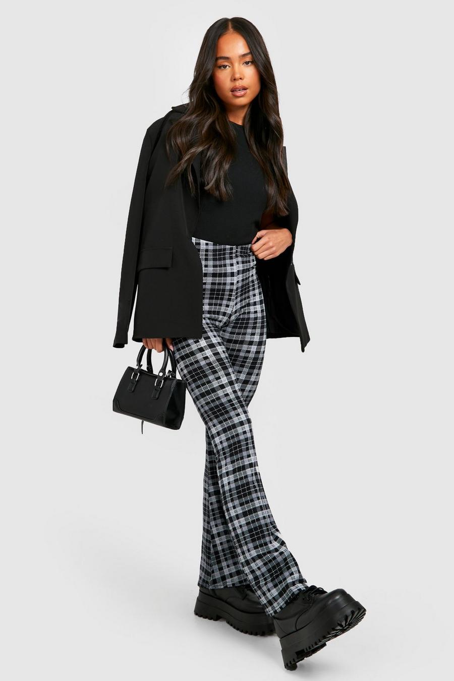 Black Petite Check Print Flare Trousers image number 1