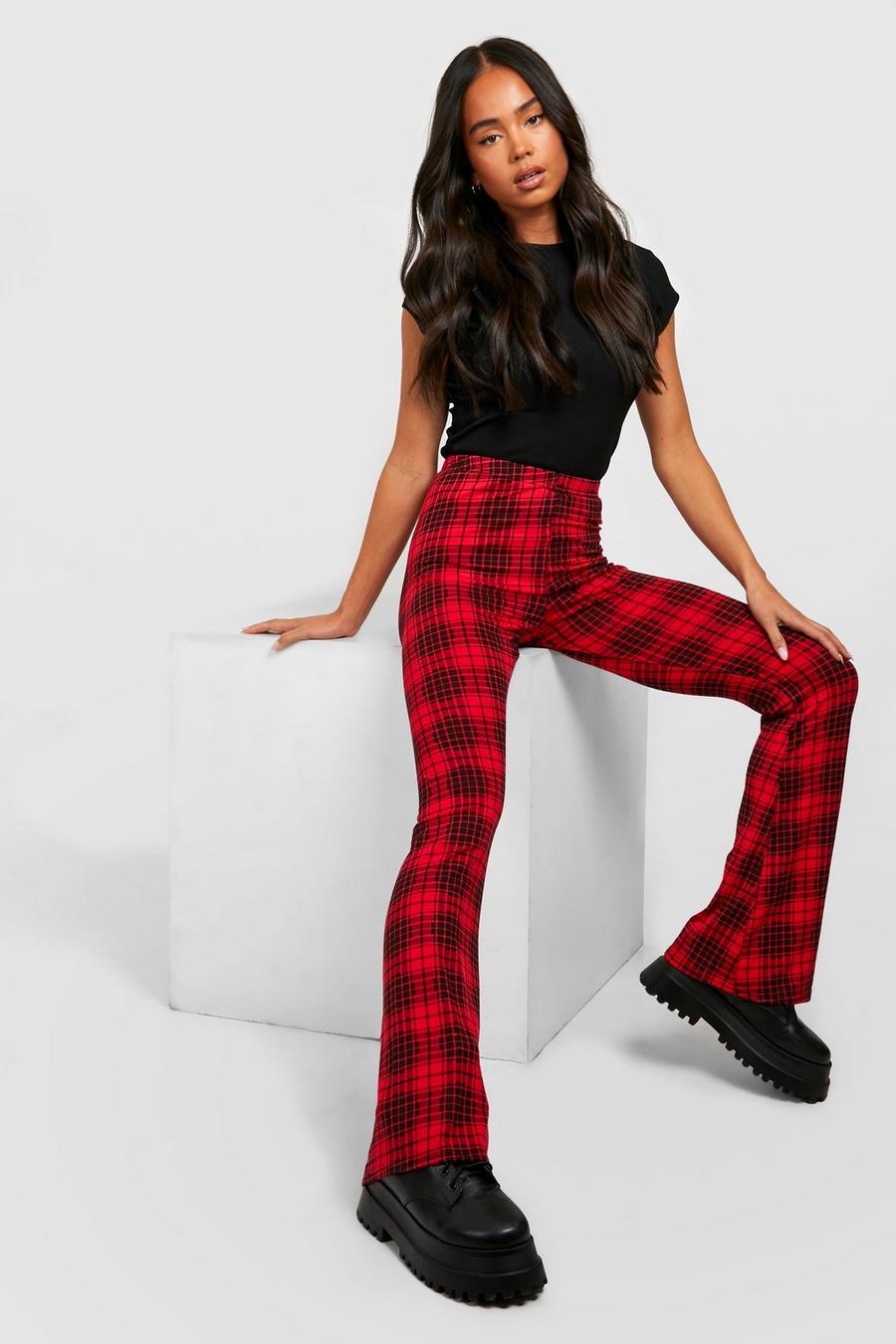 Red Petite Check Print Flare Pants image number 1