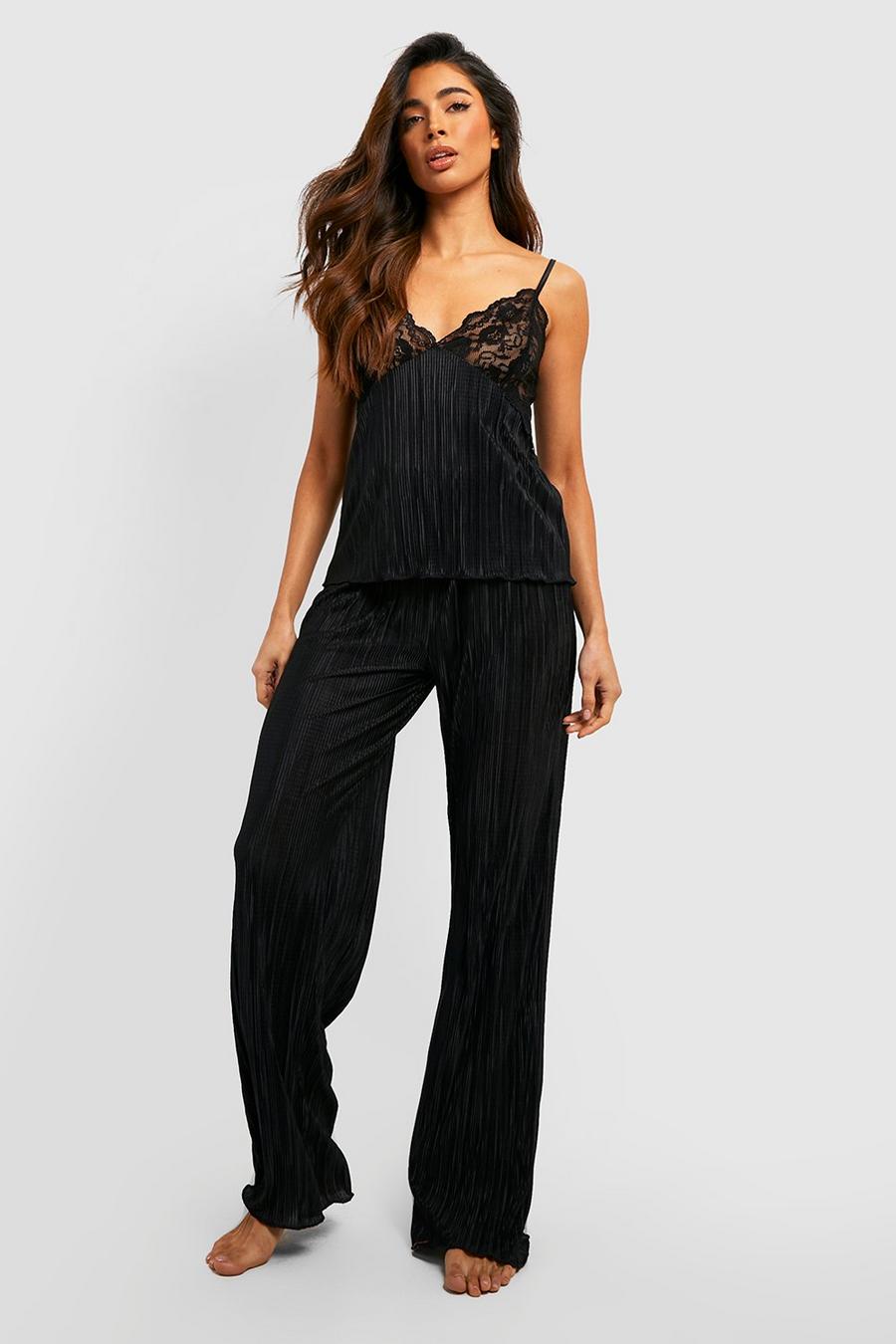 Black Plisse Lace Detail Pajama Cami & Pants Set image number 1