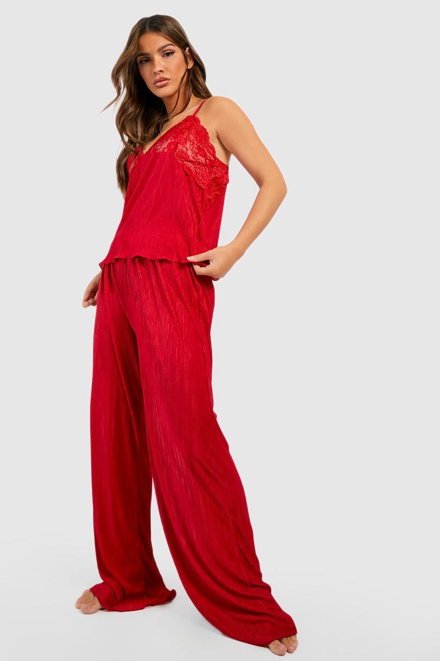 Red Plisse Lace Detail Pyjama Cami & Trouser Set image number 1
