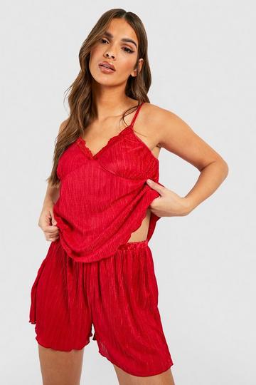 Plisse Lace Trim Pajama Cami & Short Set red