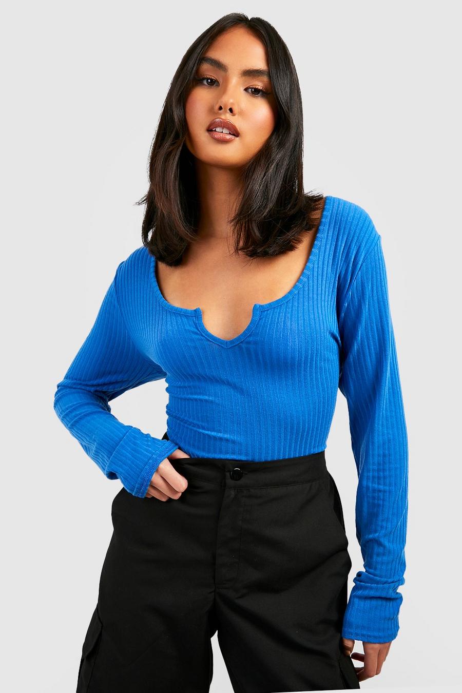 Cobalt Soft Rib Knit Notch Neck Knitted Top image number 1