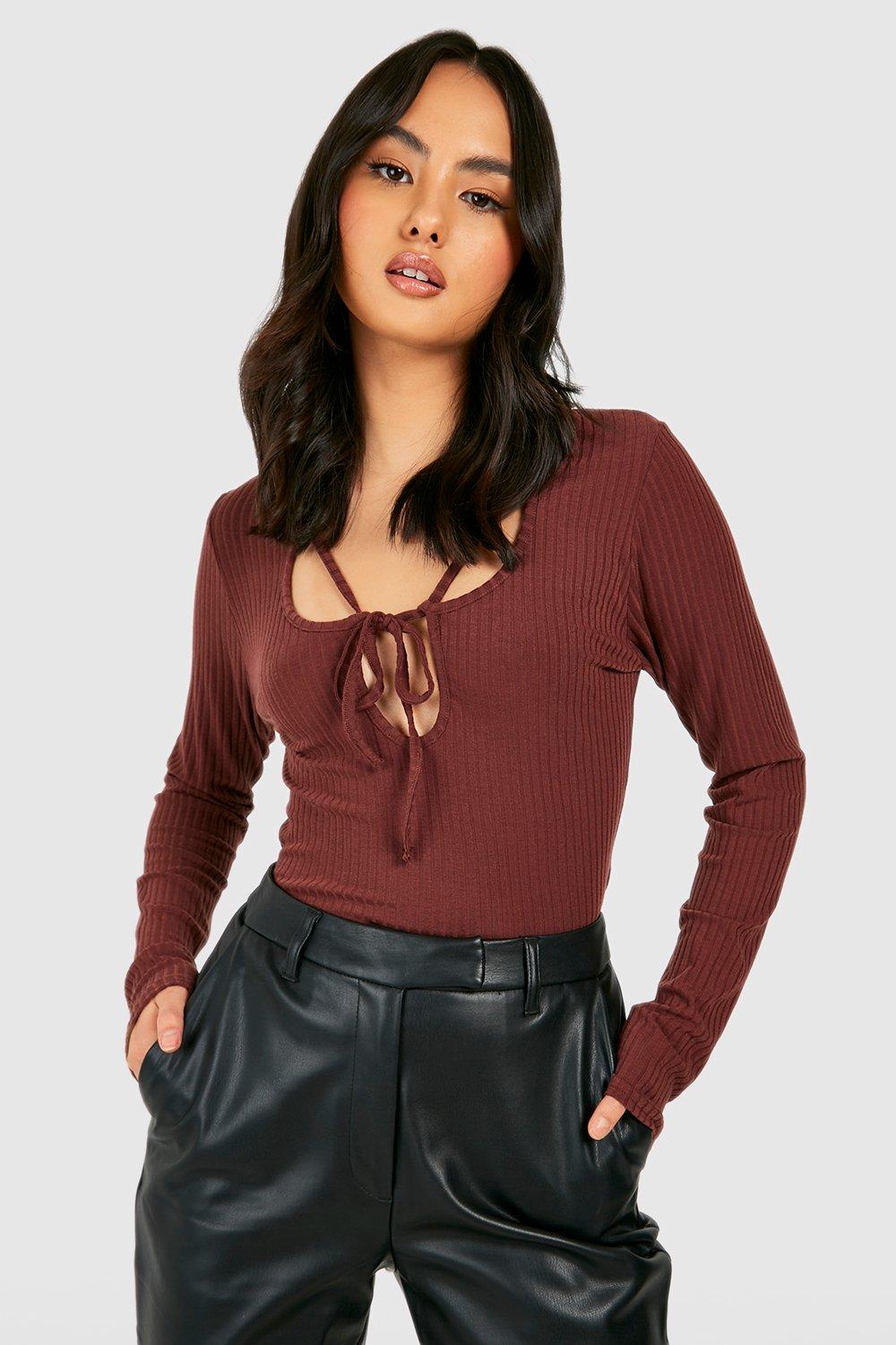 Soft Rib Knit Lace Up Neckline Bodysuit | Boohoo UK