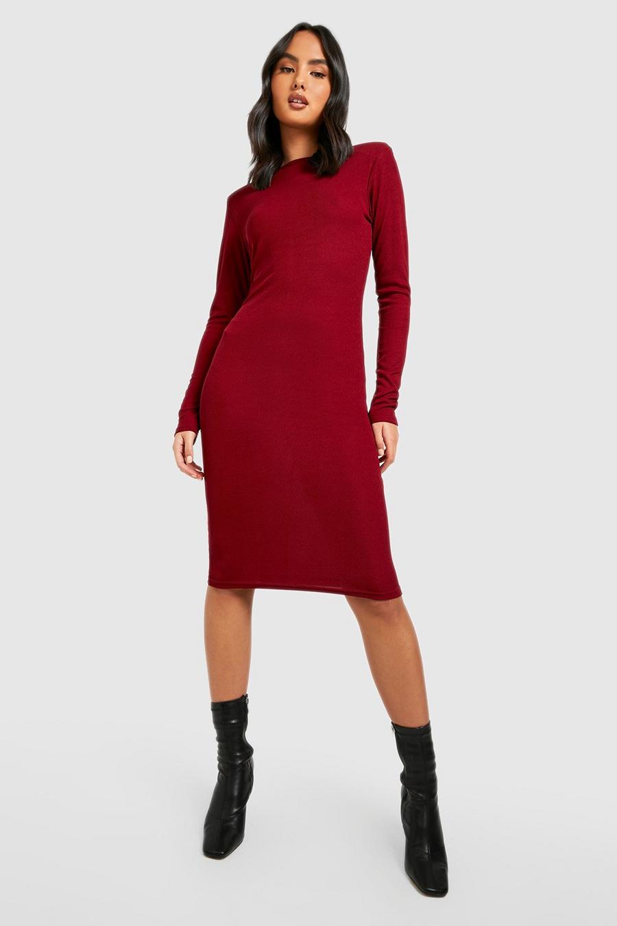 Wine red Rib Long Sleeve Shoulder Pad Midi Dress