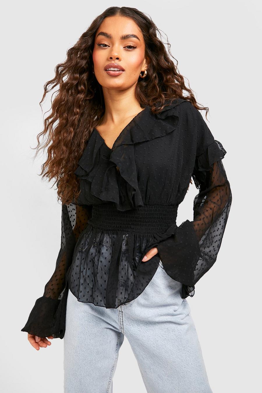 Black Lace Up Dobby Shirred Waist Top