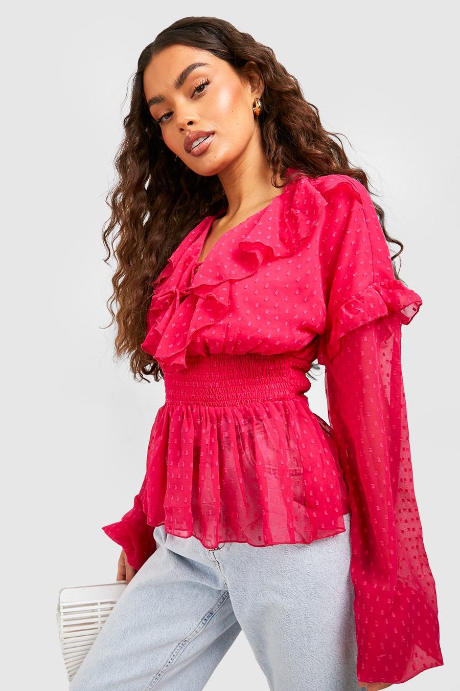 Hot pink Lace Up Dobby Shirred Waist Top image number 1