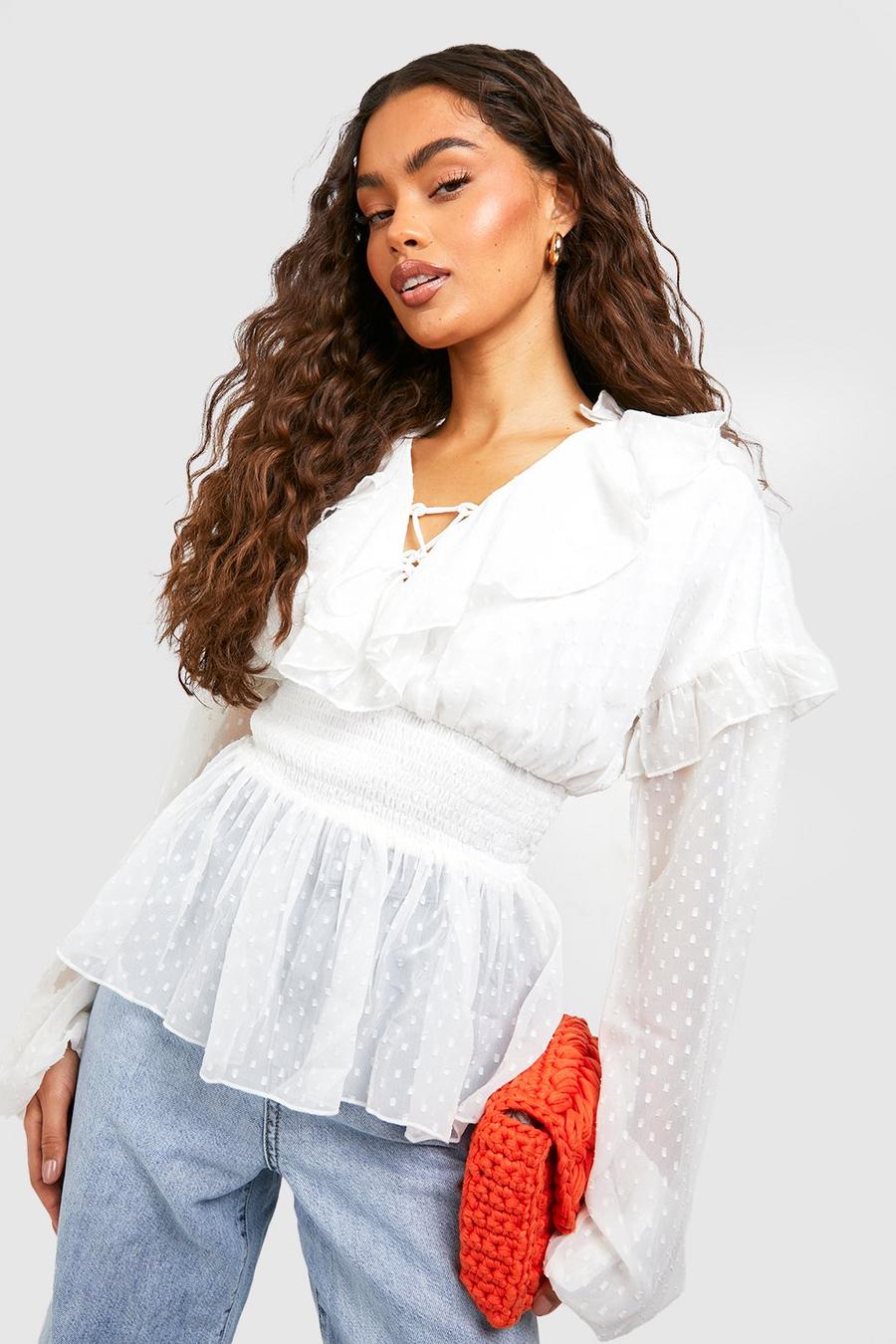White Lace Up Dobby Shirred Waist Top image number 1