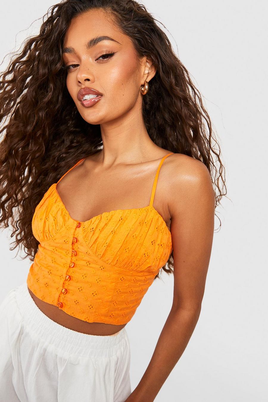 Orange Broderie Cupped Button Front Crop Top image number 1