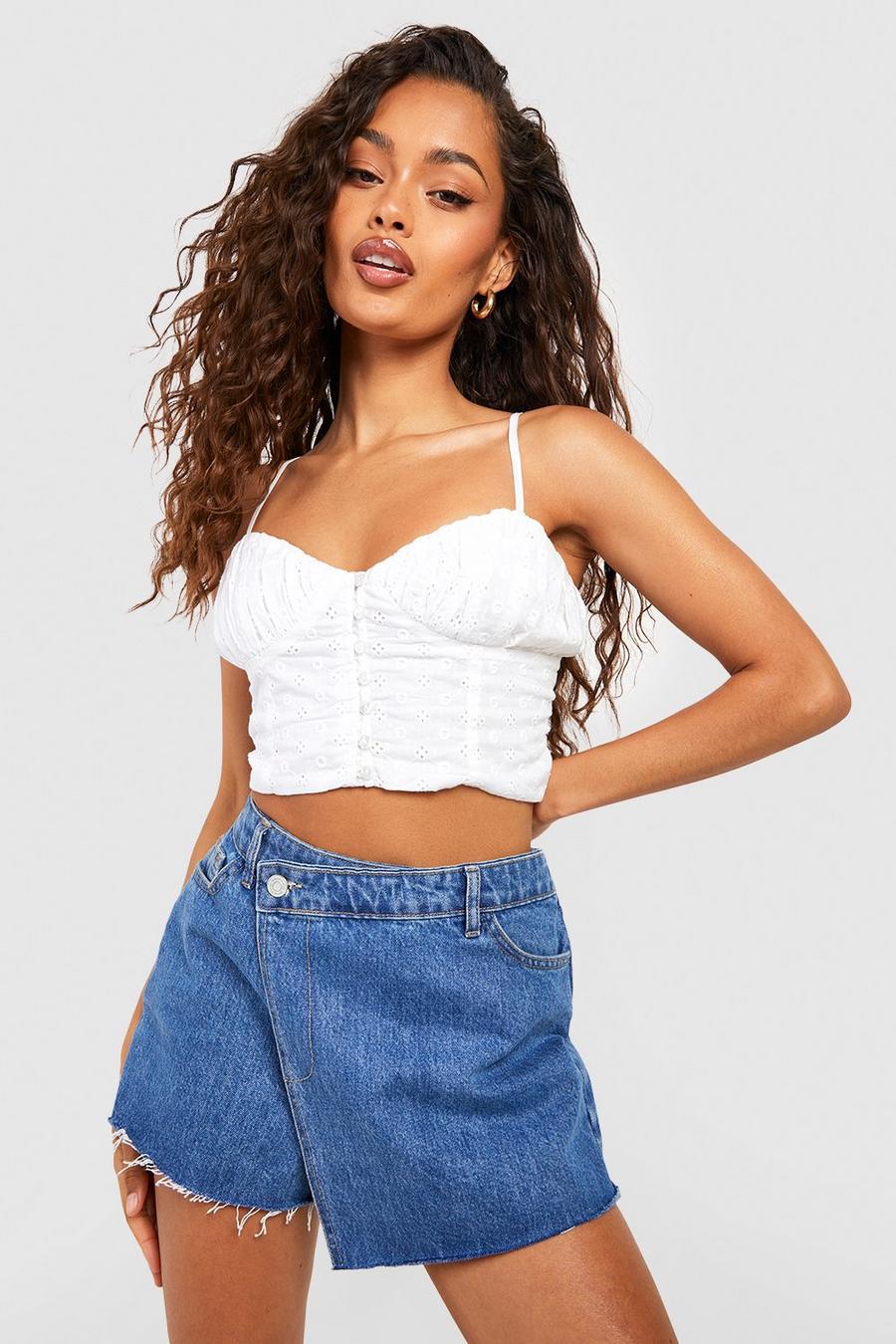 White Broderie Cupped Button Front Crop Top image number 1