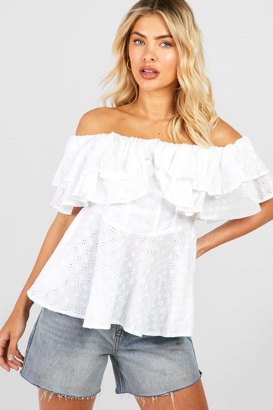 White Ruffle Off The Shoulder Eyelet Corset Top