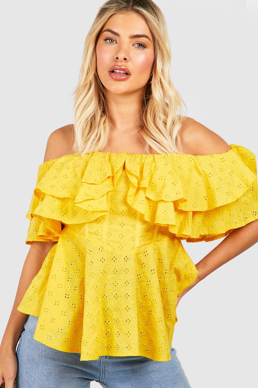 Yellow Ruffle Off The Shoulder Eyelet Corset Top