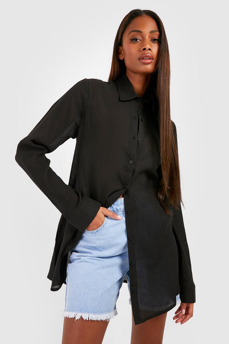 Women's Black Cheesecloth Oversized Shirt | Boohoo UK