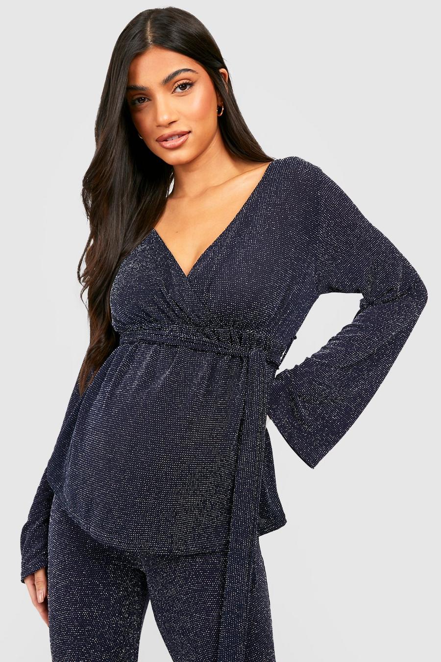 Blue Maternity Glitter Wrap Flare Sleeve Top image number 1