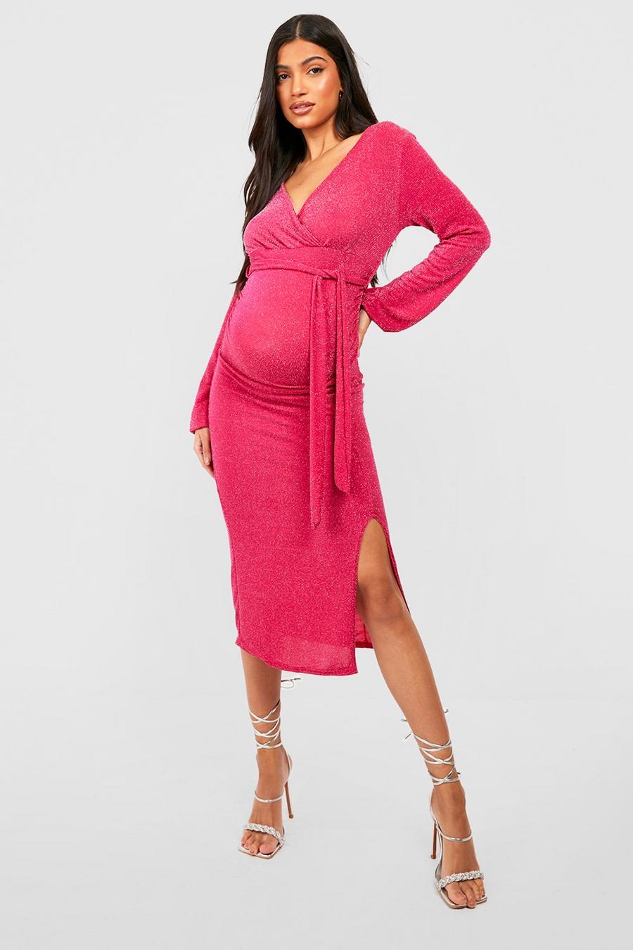 Hot pink Maternity Glitter Wrap Belted Midi Dress image number 1