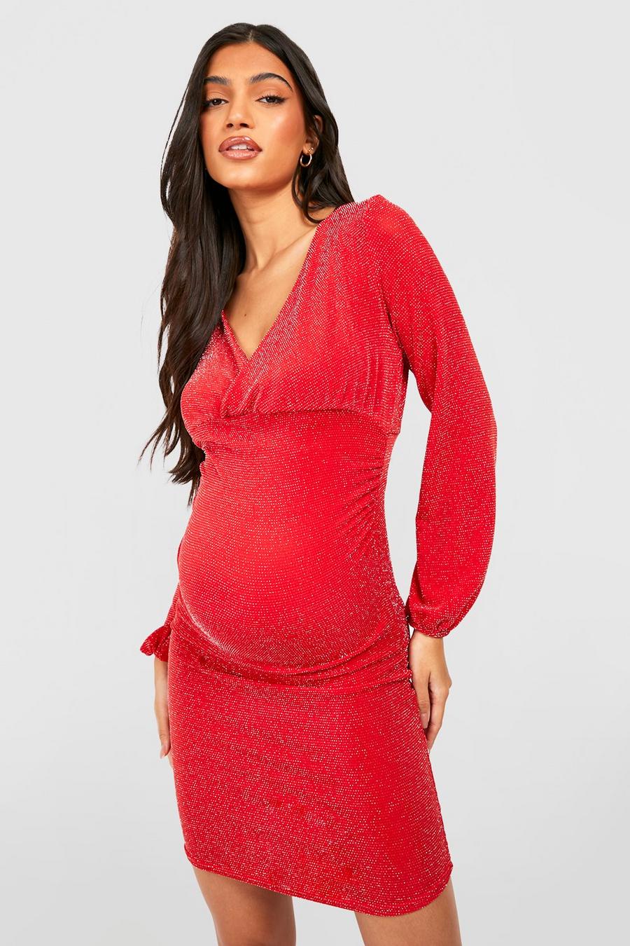 Wine red Maternity Glitter Wrap Mini Dress