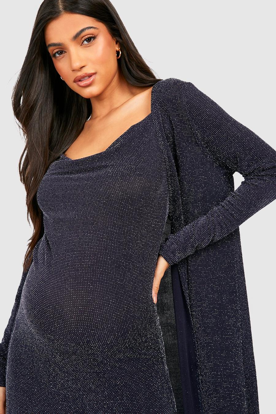 Dark blue Maternity Glitter Strappy Cowl Neck Dress And Duster Coat image number 1