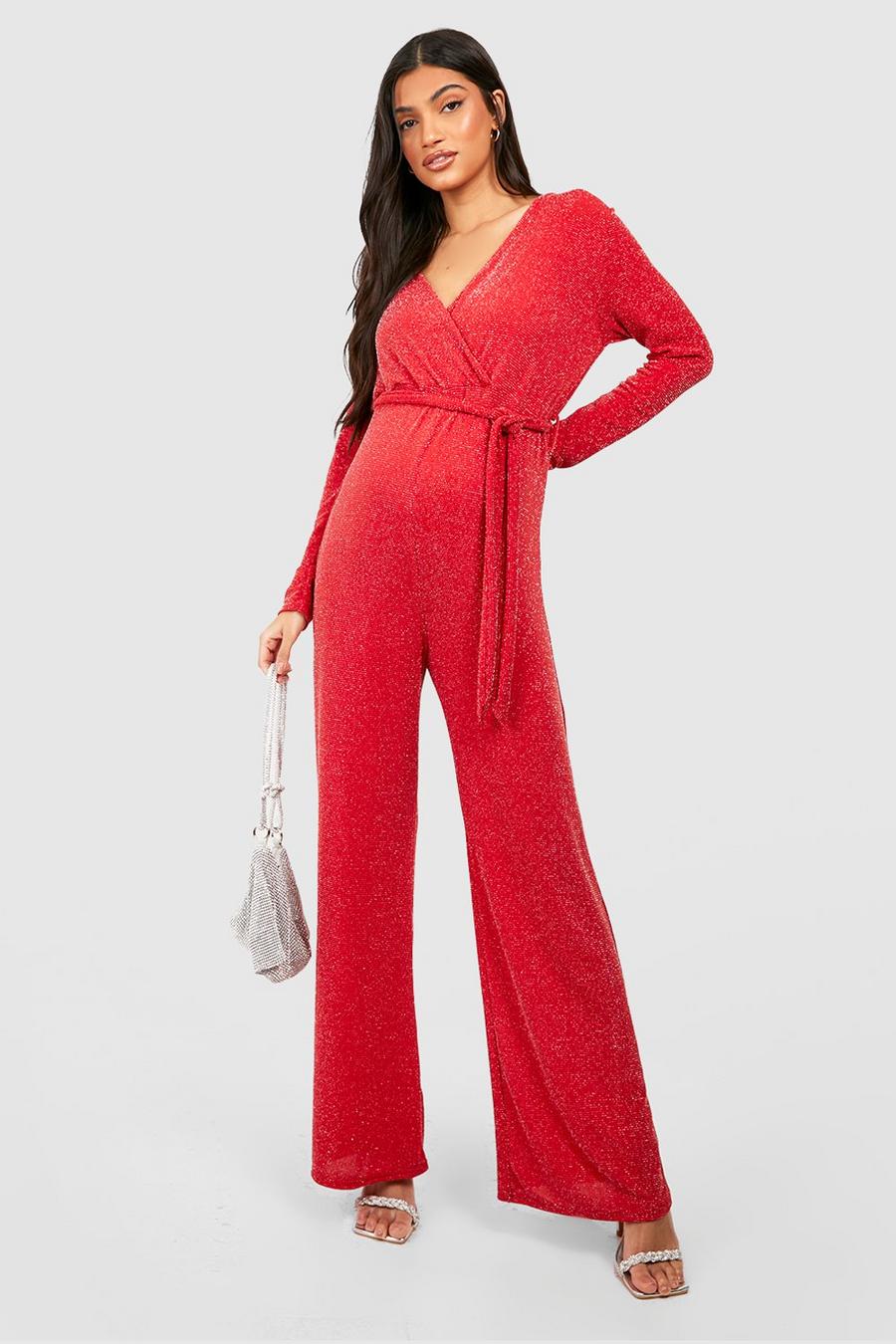 Wine rojo Maternity Glitter Wrap Jumpsuit