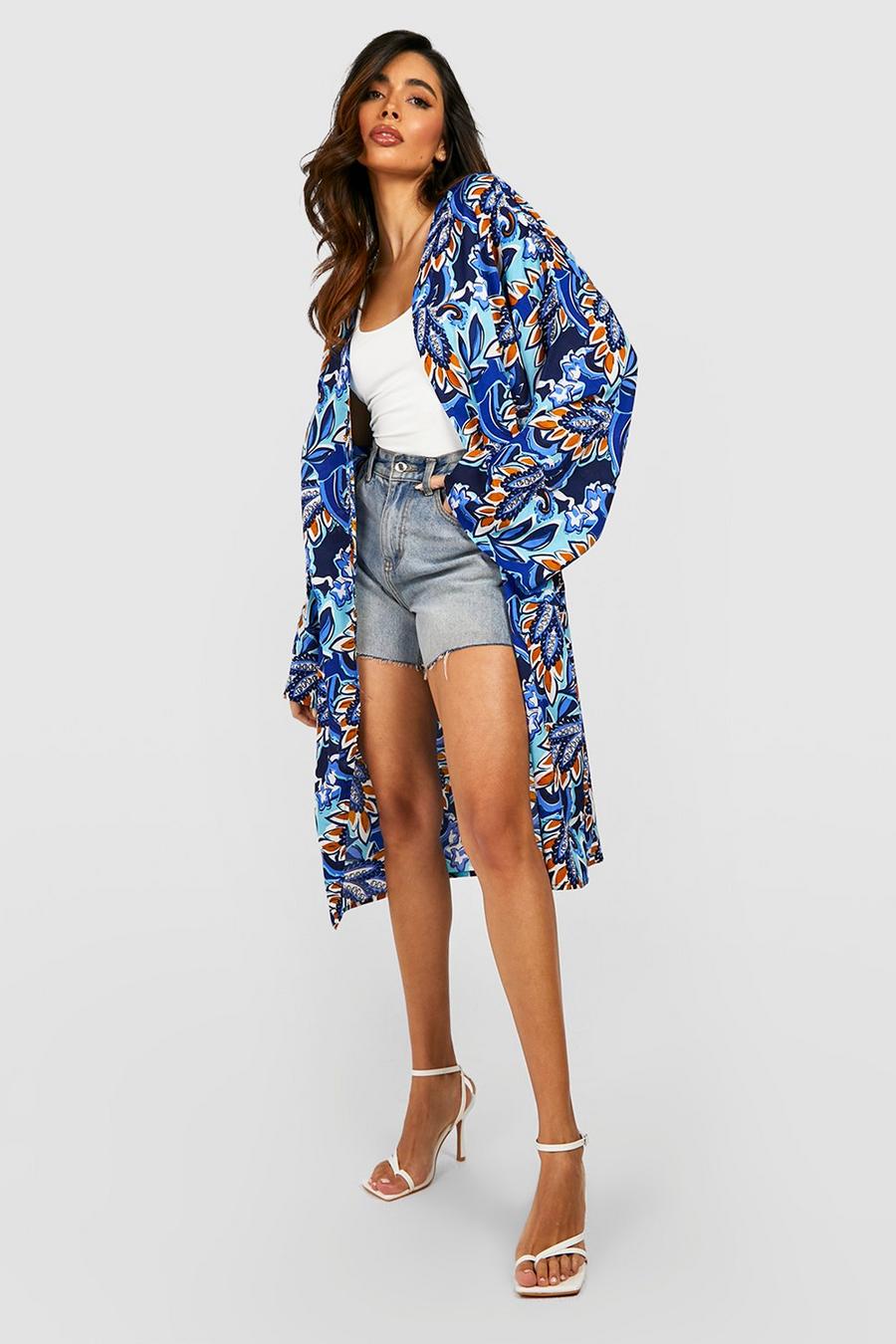 Blue Floral Paisley Print Midi Kimono image number 1