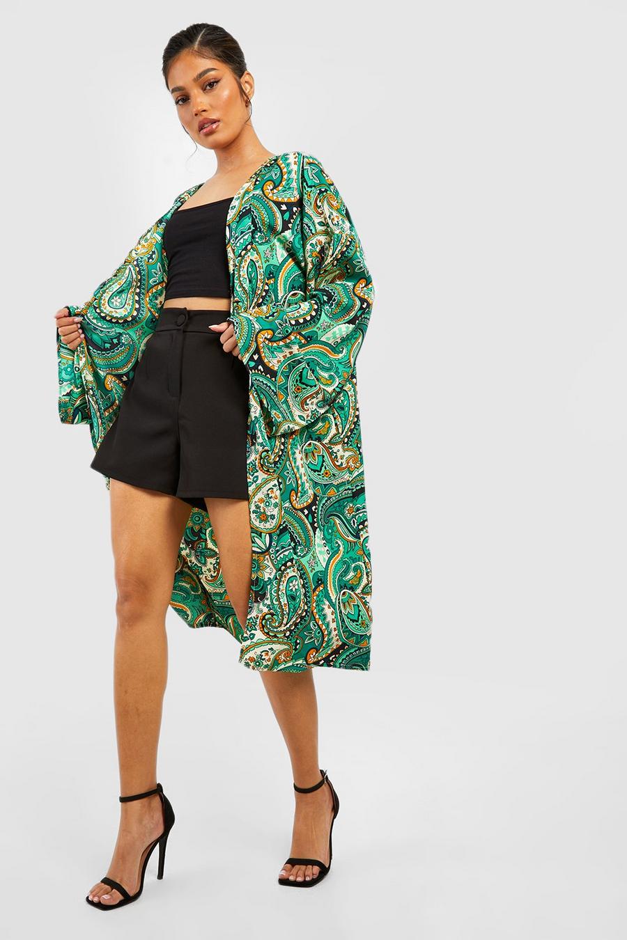 Green Paisley Print Midi Kimono