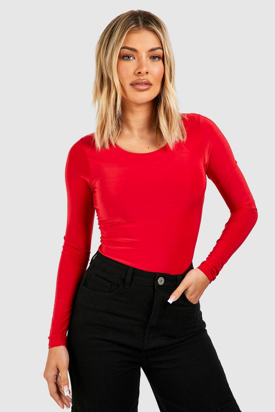 Red Slinky Double Layer Plunge Long Sleeve Bodysuit