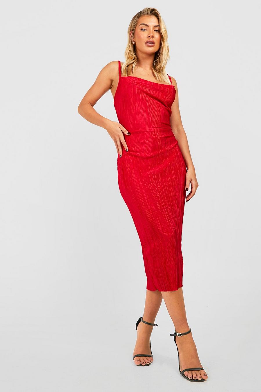 Red Plisse Strappy Slip Dress