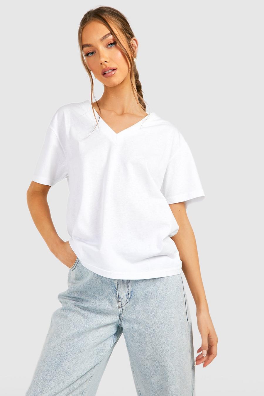 Basic T-Shirt aus Baumwolle mit tiefem V-Ausschnitt, White