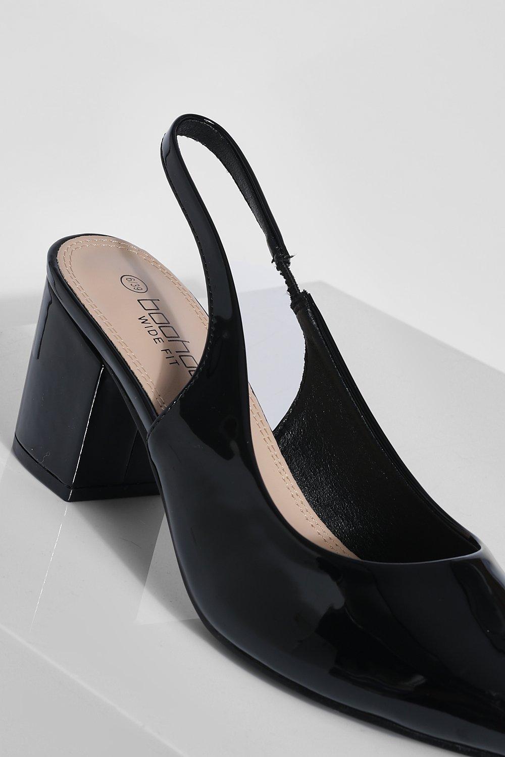 Wide Width Patent Low Block Pointed Heels