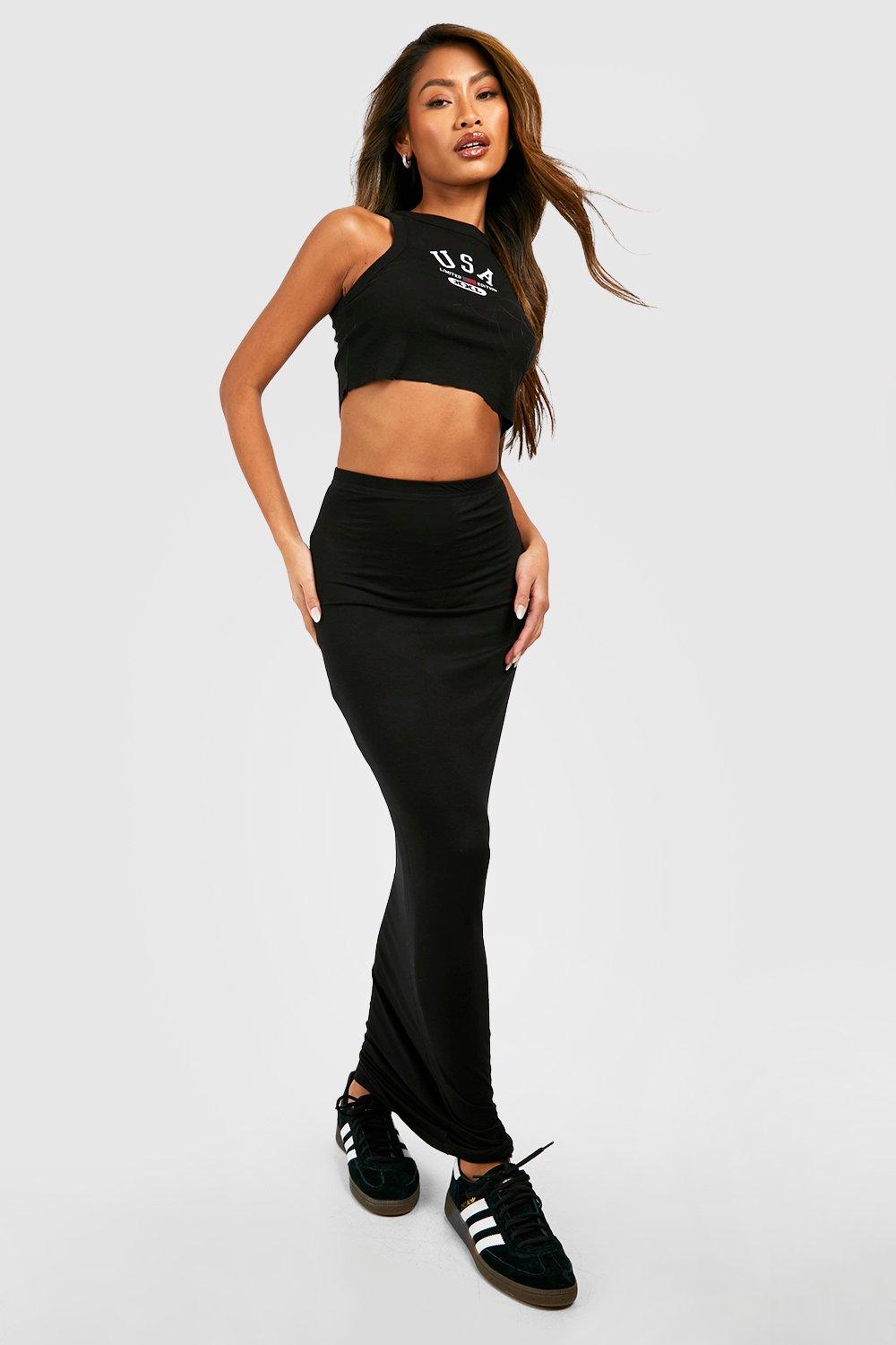 Black High Waisted Basic Jersey Knit Maxi Skirt