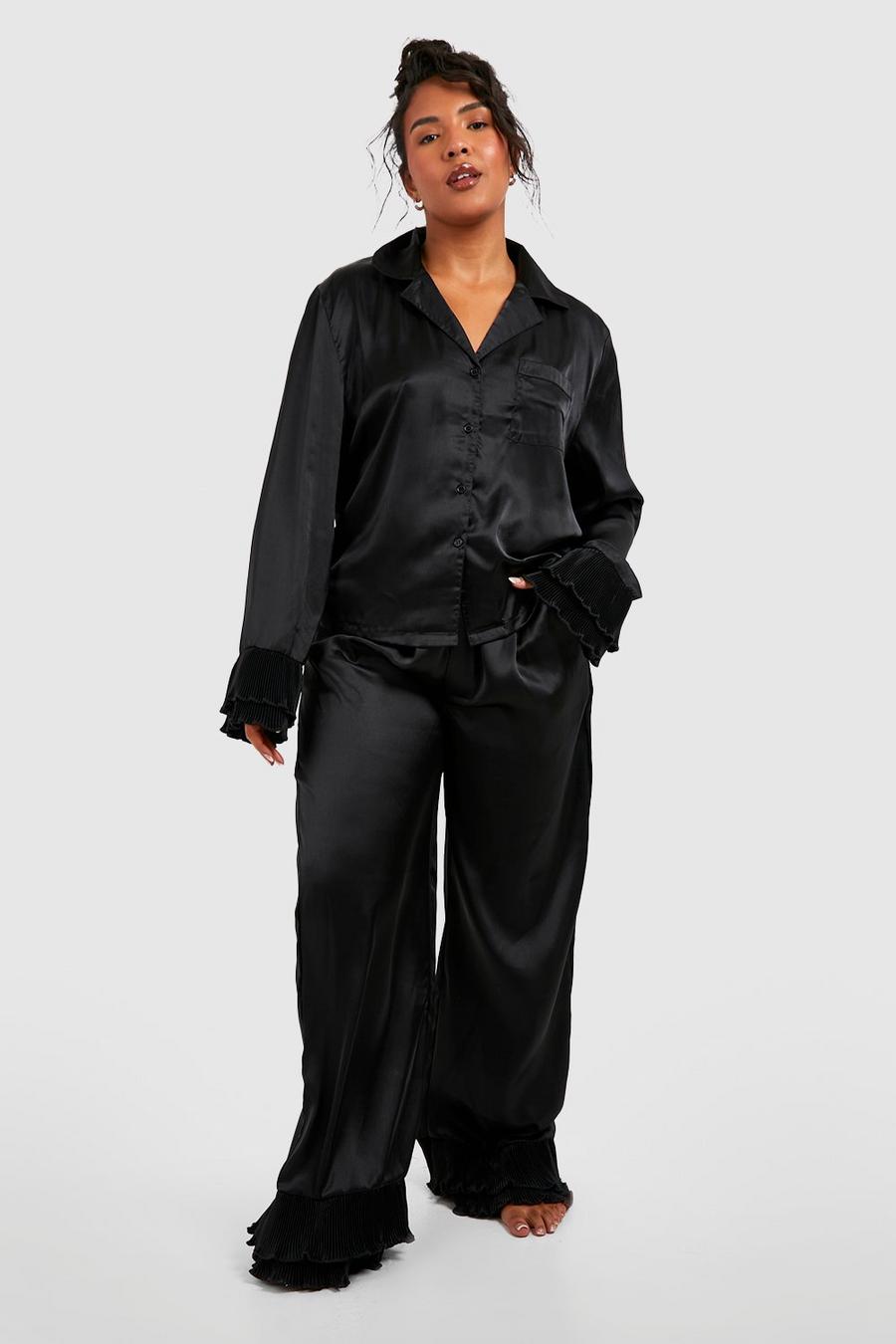Black Plus Pleated Frill Satin Shirt & Short Pajama Set image number 1
