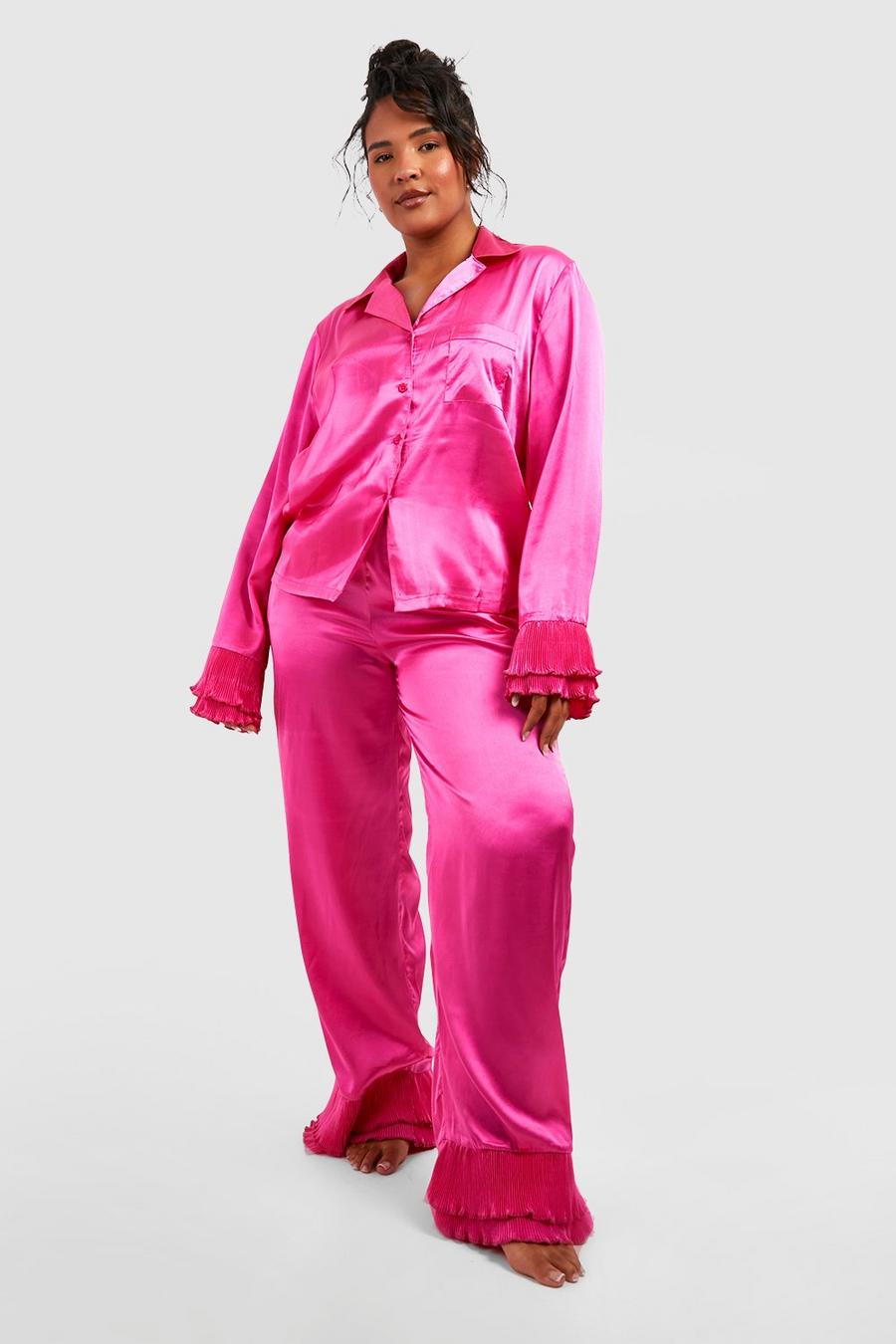 Grande taille - Pyjama satiné plissé avec chemise et short, Pink rose