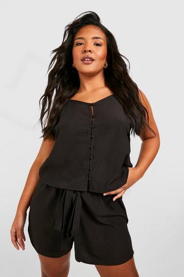 Plus Woven Textured Pajama Cami & Short Set black