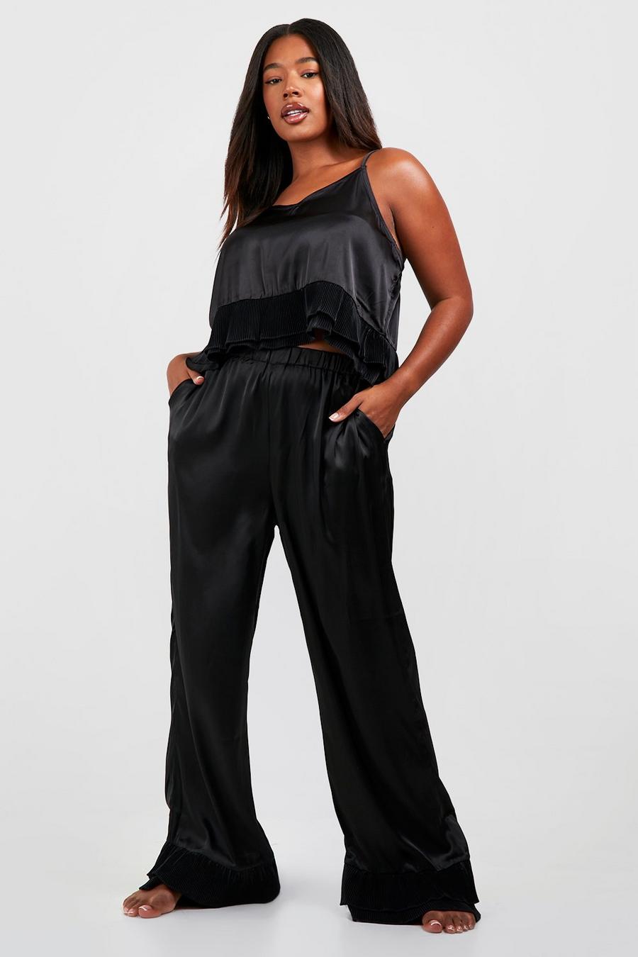 Black Plus Pleated Frill Satin Cami & Trouser Set  image number 1