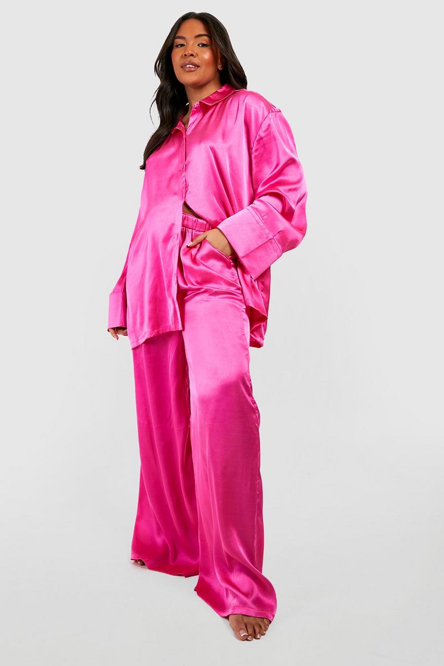 Plus Oversize Satin Pyjama-Hemd & Hose, Pink image number 1