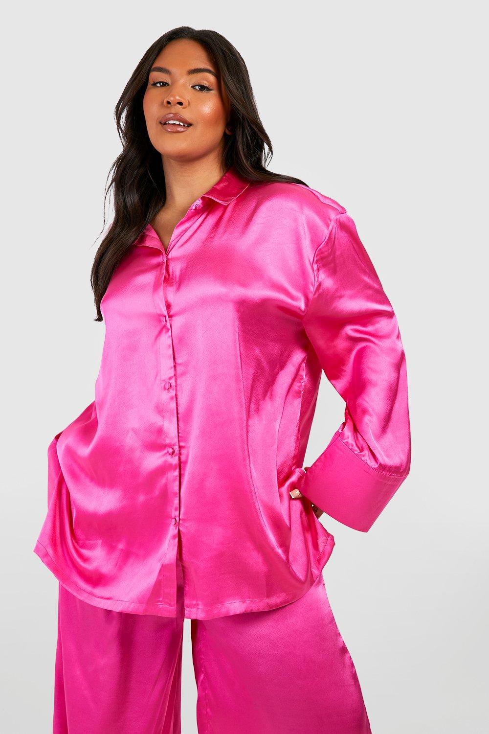 Women s Plus Satin Oversized Pyjama Shirt Trouser Set Boohoo UK