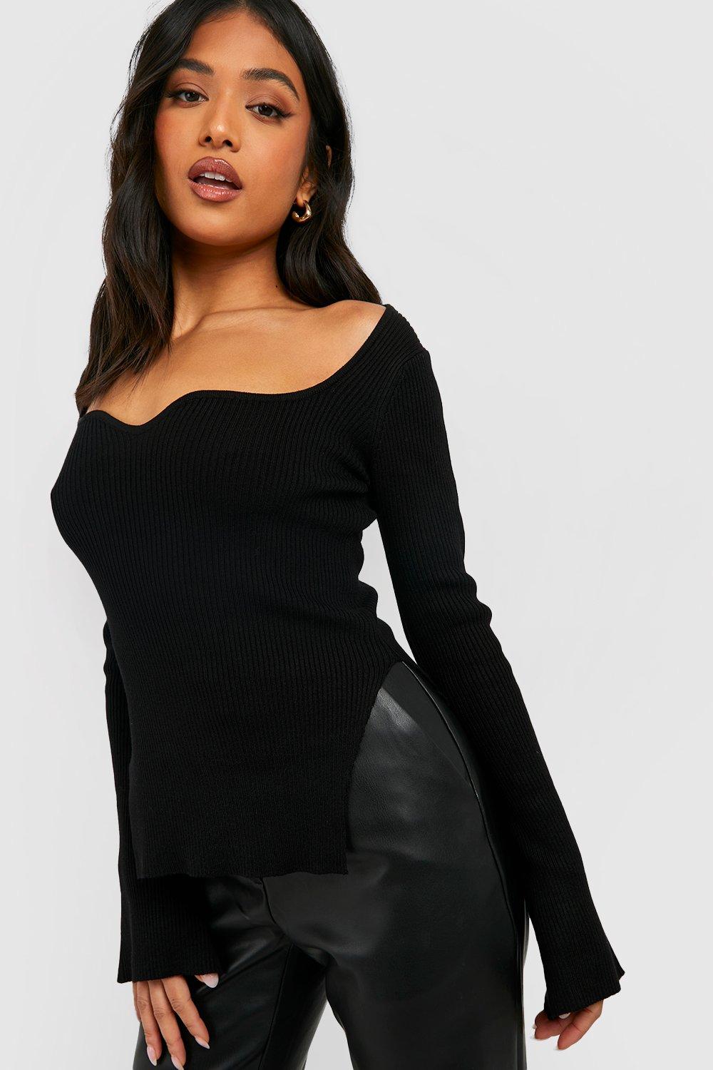 Rib-knit Sweetheart-neckline Top - Black - Ladies