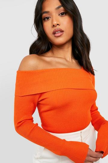 Petite Asymmetric Bardot Rib Knitted Bodysuit orange